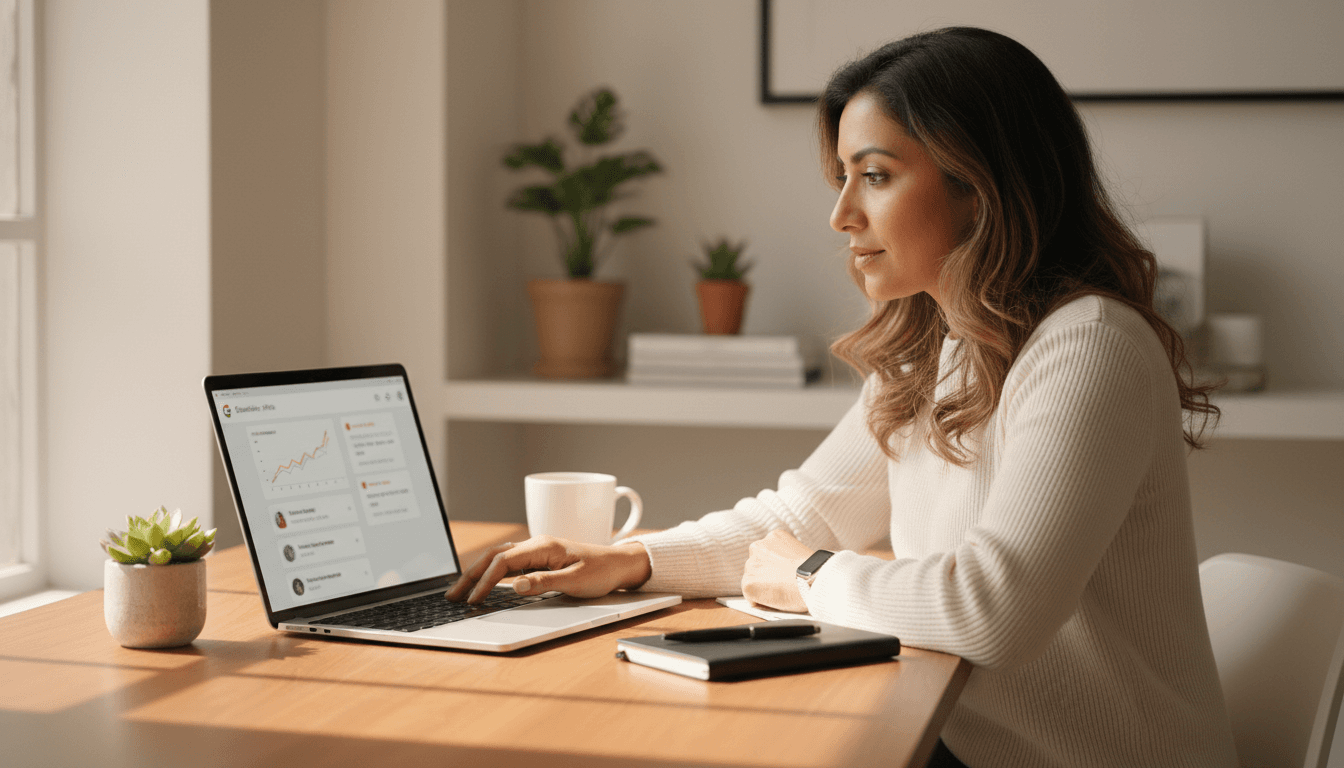 Professional woman managing Google reviews on laptop