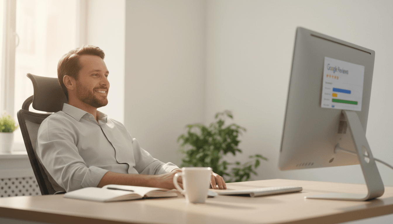 Business owner reviewing Google reviews on desktop with satisfied expression