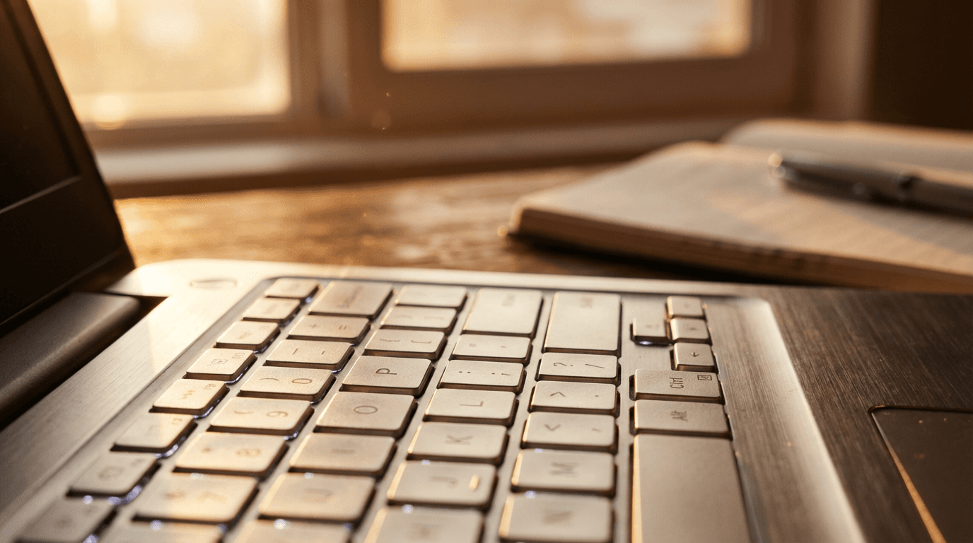 Professional reviewing Google reviews on a laptop at a clean desk